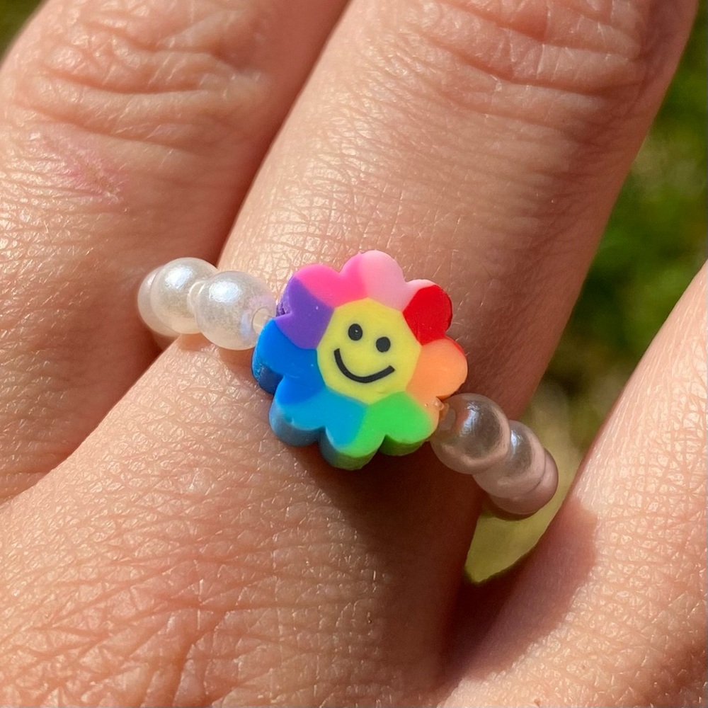 Kidcore Rainbow Smiley Flower Faux Pearl Handmade Jewelry Stretch Ring